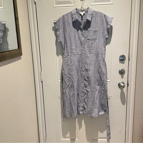 Time and Tru Blue White Striped Midi Shirt Dress Size Medium Tie Waist A-Line - Picture 5 of 11